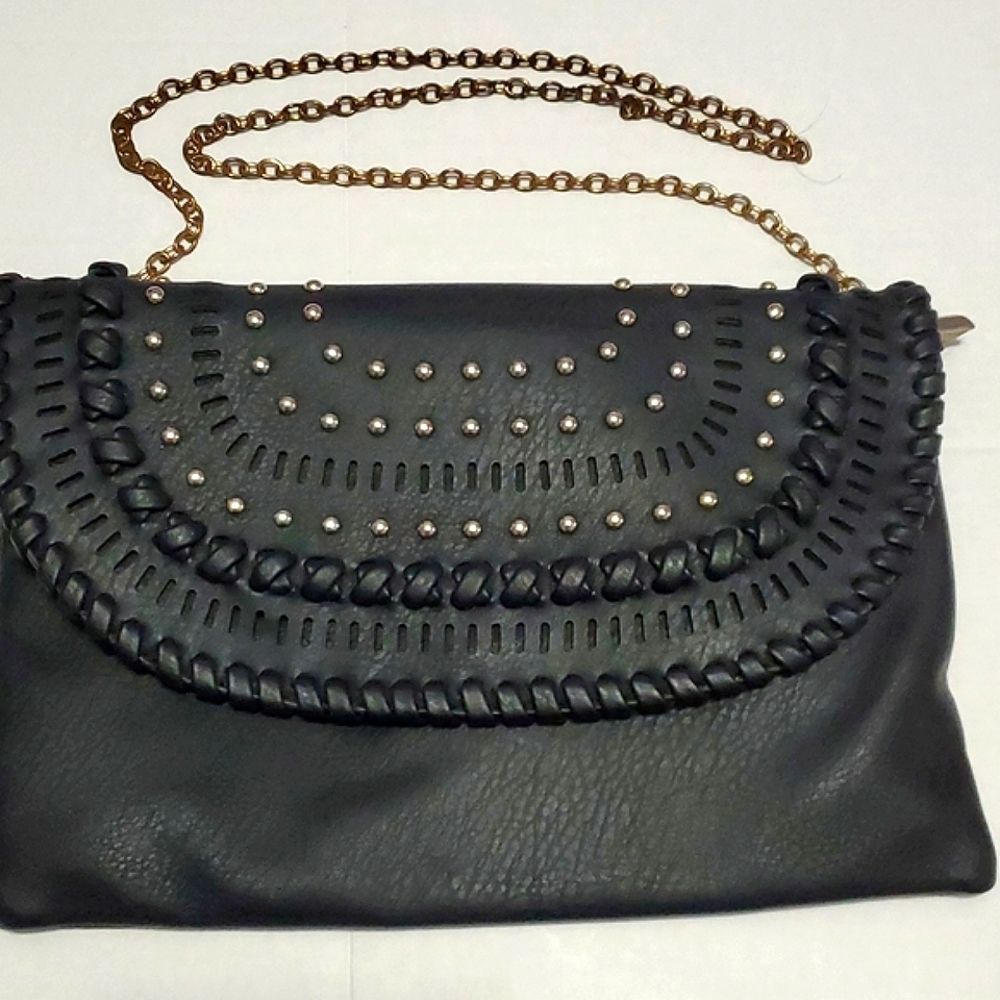 Kiss Me Black Pebbled Vegan Leather Retro 90s Studded Shoulder Crossbody Bag